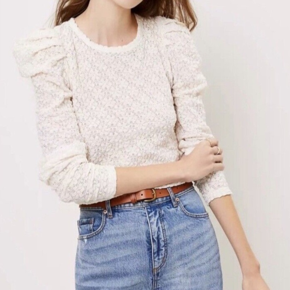 LOFT Women's Petite Floral Lace Pleated Puff Sleeve Top Ivory Sz MP stylish long